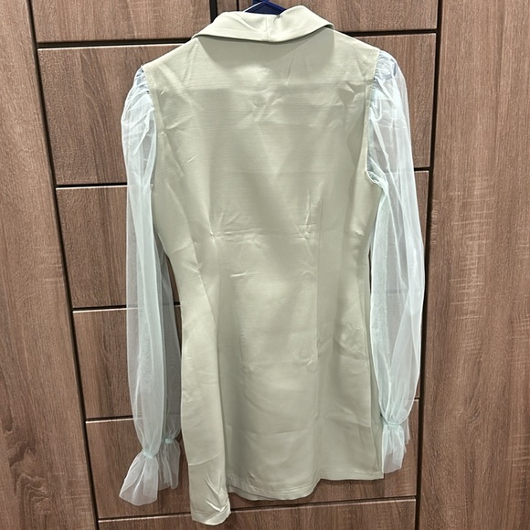 Sage Green Button Up Organza Sleeve Blazer Dress - Picture 3 of 5